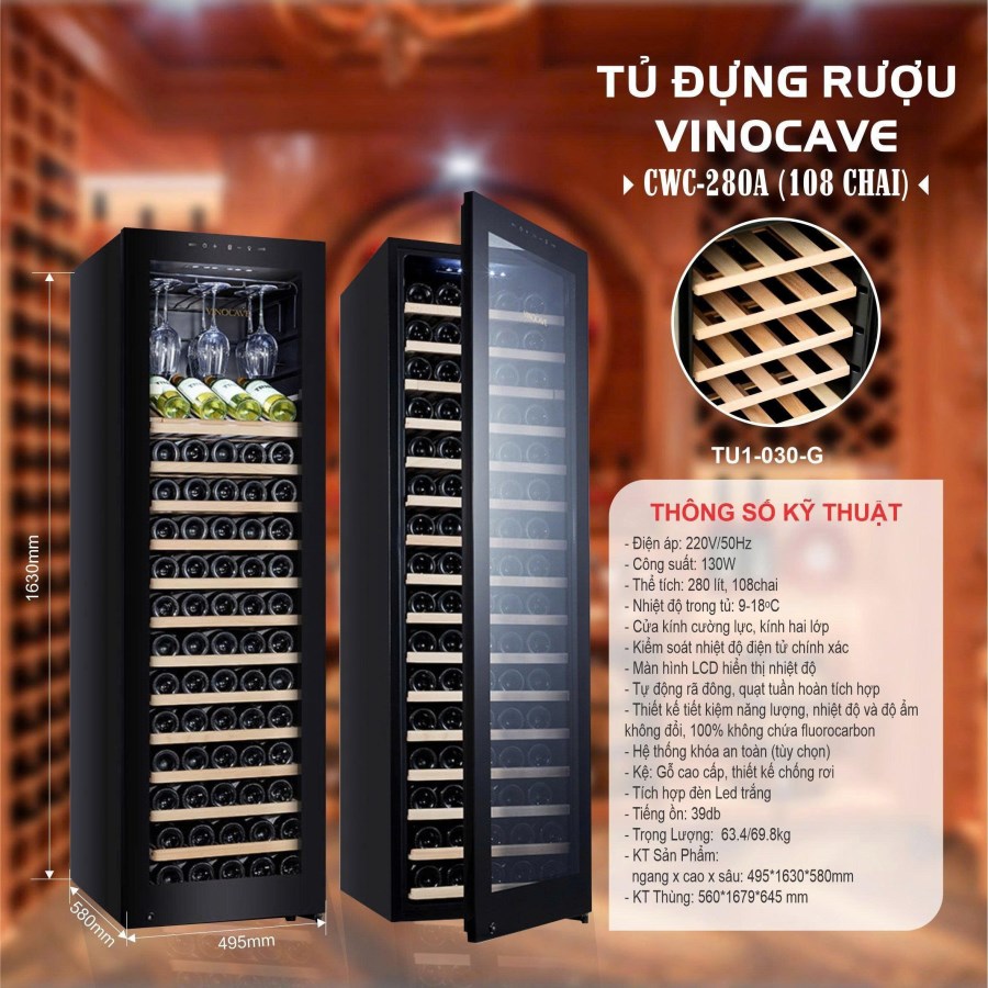 Tủ Rượu Vang Vinocave 108 Chai Máy Nén CWC-280A